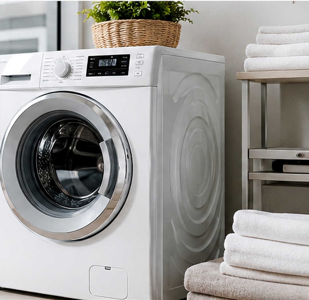 Modern front-load washing machine in a clean laundry room